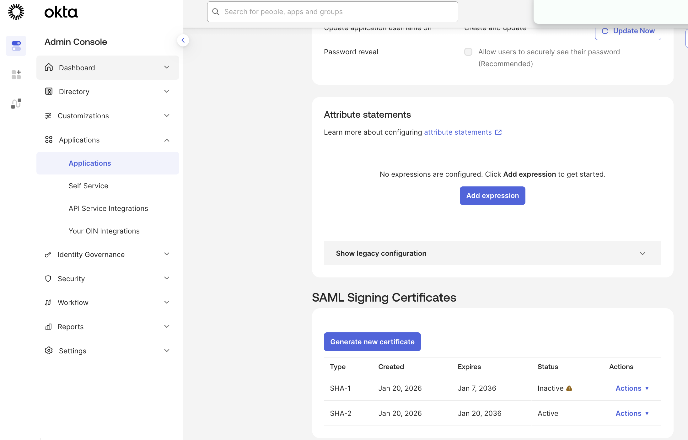 Generate a new certificate in Okta