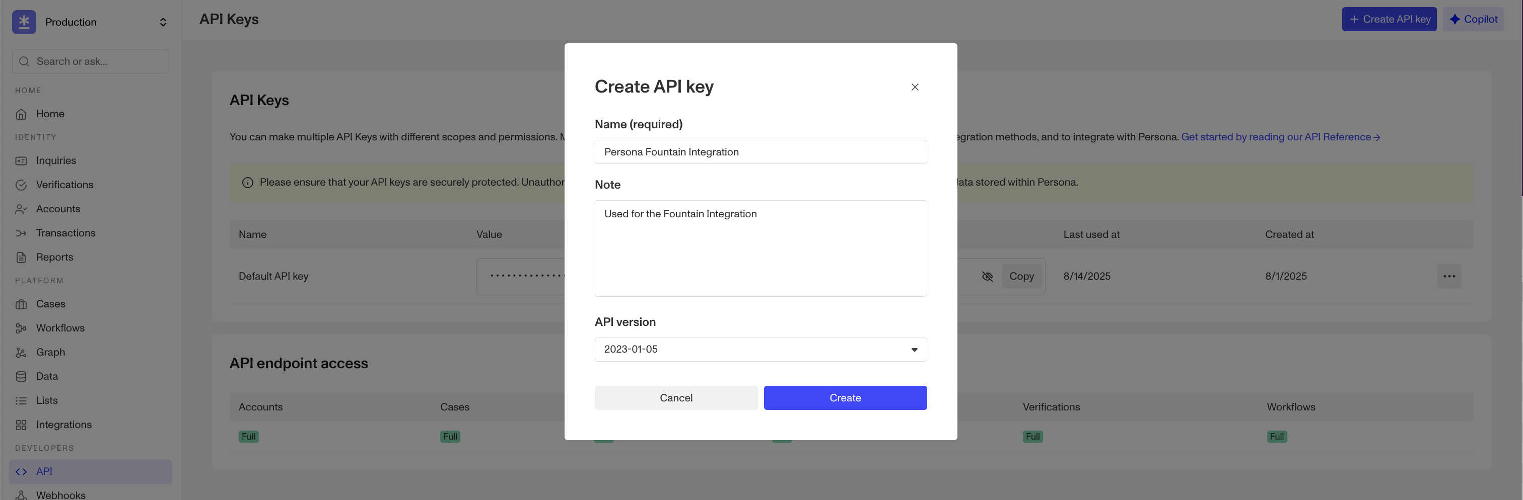 Persona API KEYS