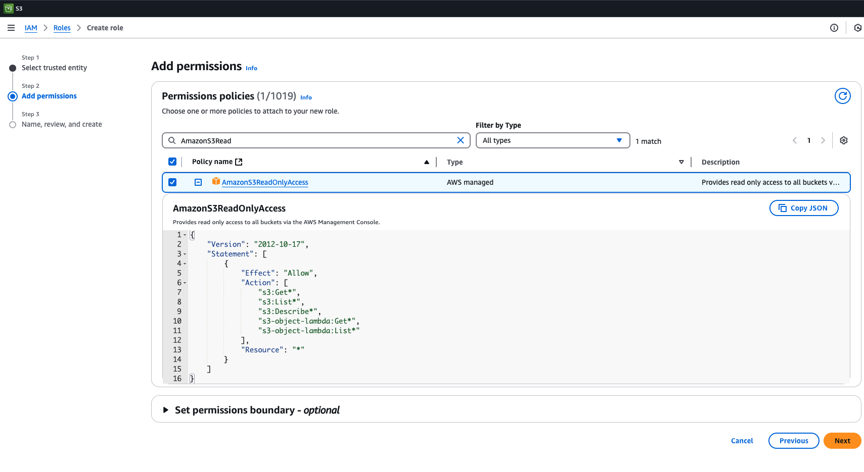 AWS S3 Console: Adding AmazonS3ReadOnlyAccess permission