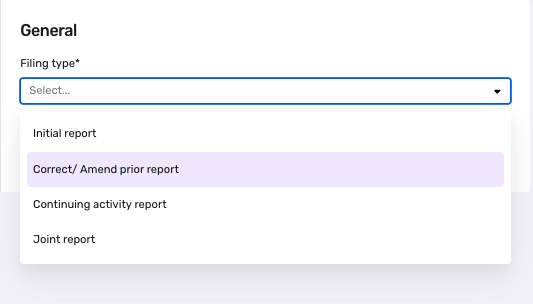 SAR Filing: Correct/Amend prior report filing type