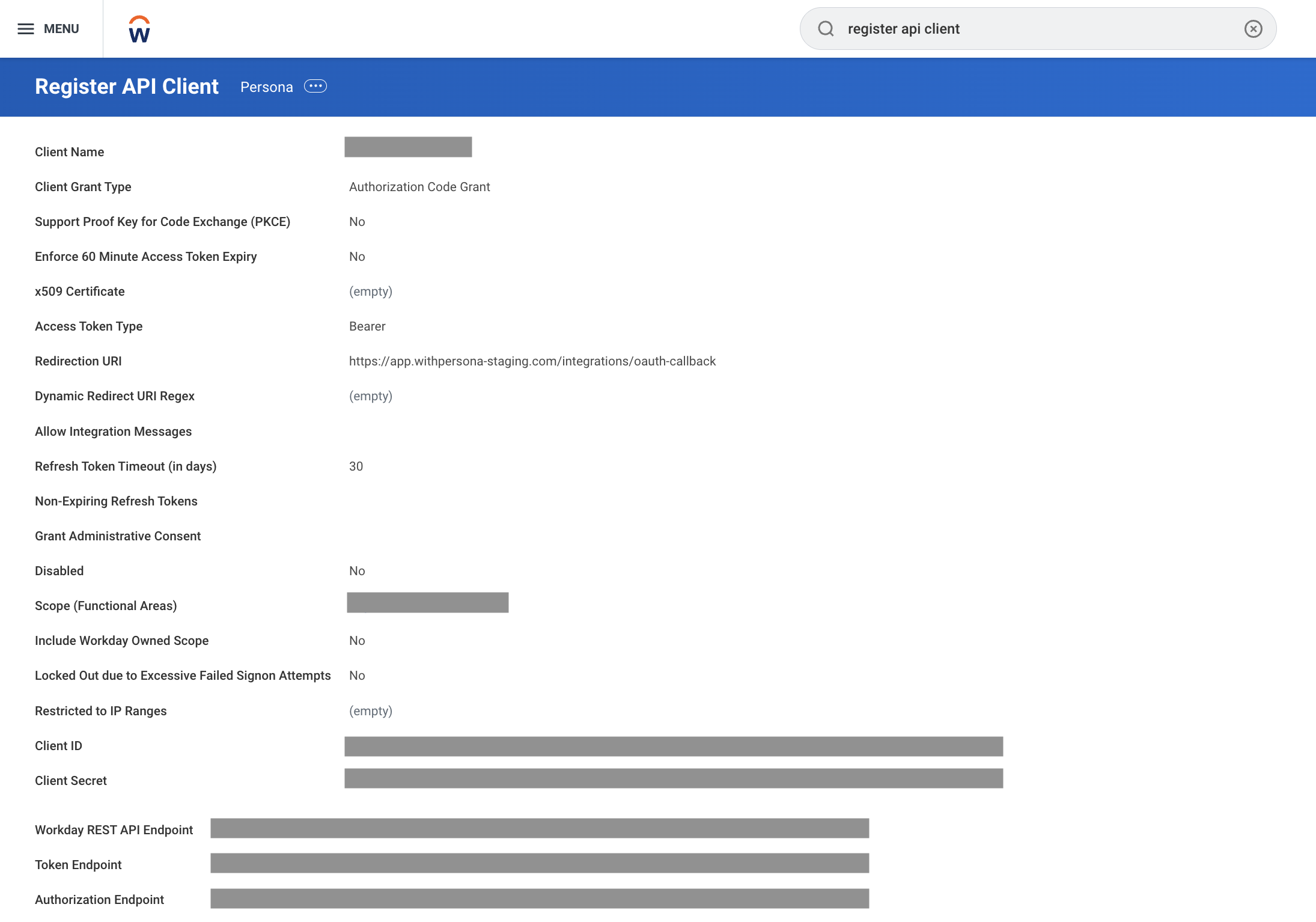 Workday marketplace integration - Register API client complete