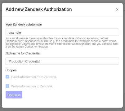 Add a Zendesk authorization
