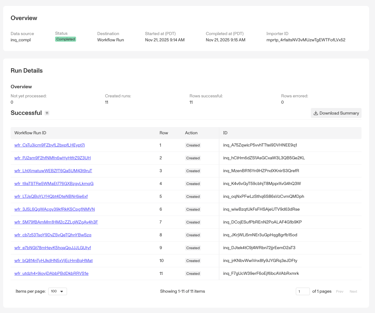 Importer run details for workflow runs