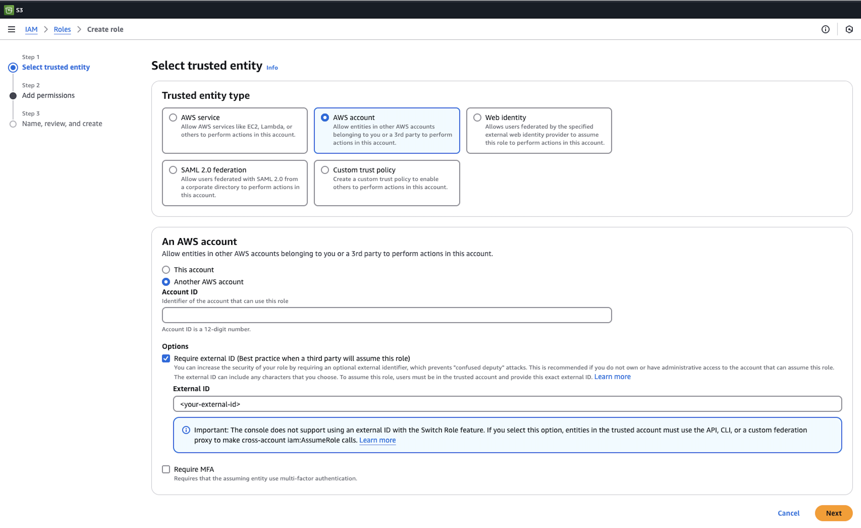 AWS S3 Console: Creating a new role with the Trusted Entity Type