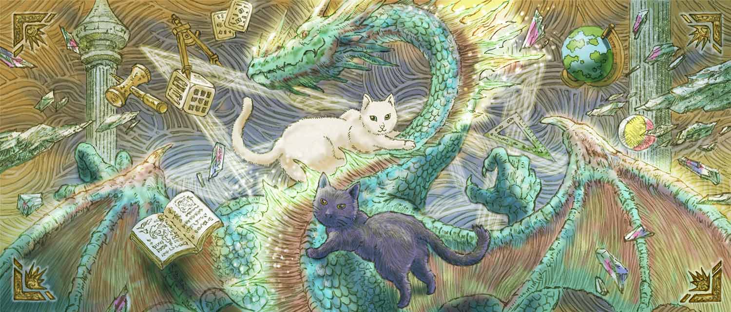 猫2匹とドラゴンのイラスト