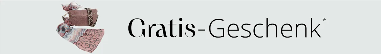 Eine rosa Bauchtasche und ein gemustertes Tuch sind nebeneinander vor weißem Hintergrund arrangiert. Darüber steht 'Gratis-Geschenk'