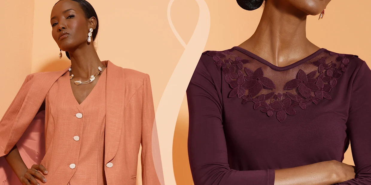 Auf dem Bild sind zwei Models zu sehen: Eines trägt einen rosa Hosenanzug mit Schmuck, das andere ein auberginefarbenes Oberteil mit Spitze Auf dem Bild sind zwei Models zu sehen: Eines trägt einen rosa Hosenanzug mit Schmuck, das andere ein auberginefarbenes Oberteil mit Spitze