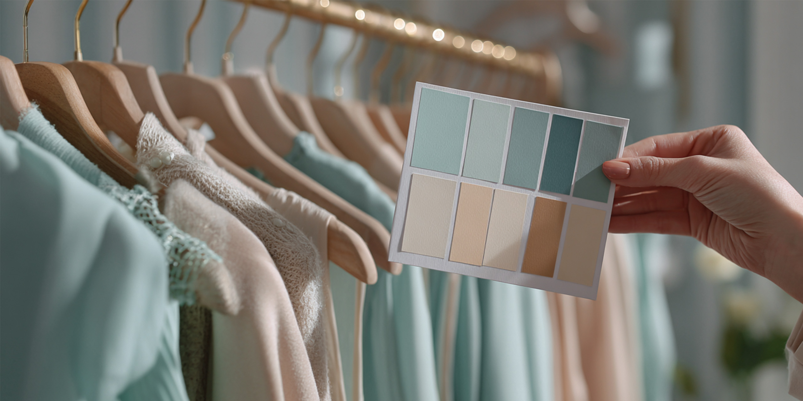 Eine Hand die eine Farbkarte hält. Im Hintergrund eine Kleiderstange mit türkisfarbenen Kleidern.