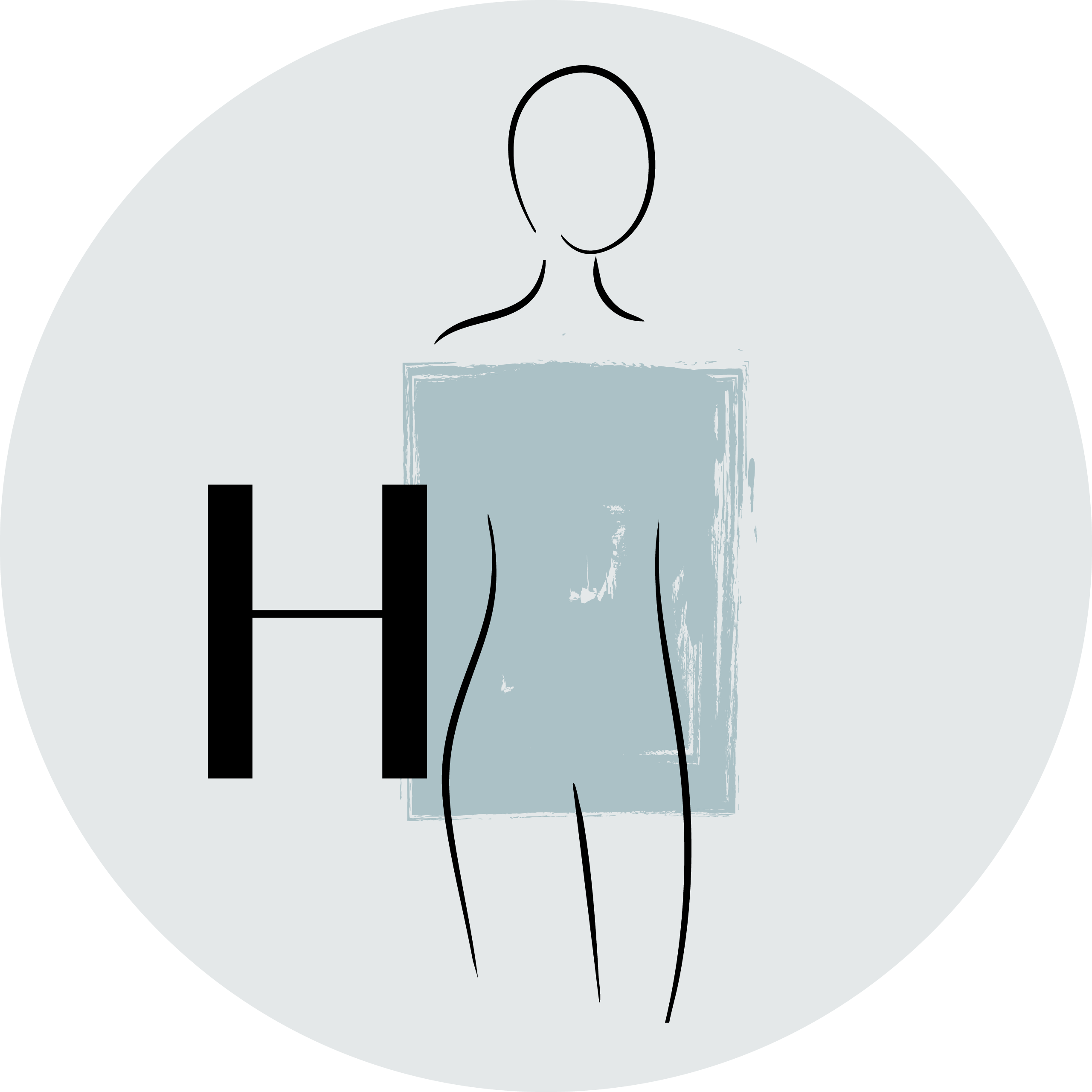 Auf einem runden hellen Hintergrund ist eine Figurine in H Typ gezeichnet.