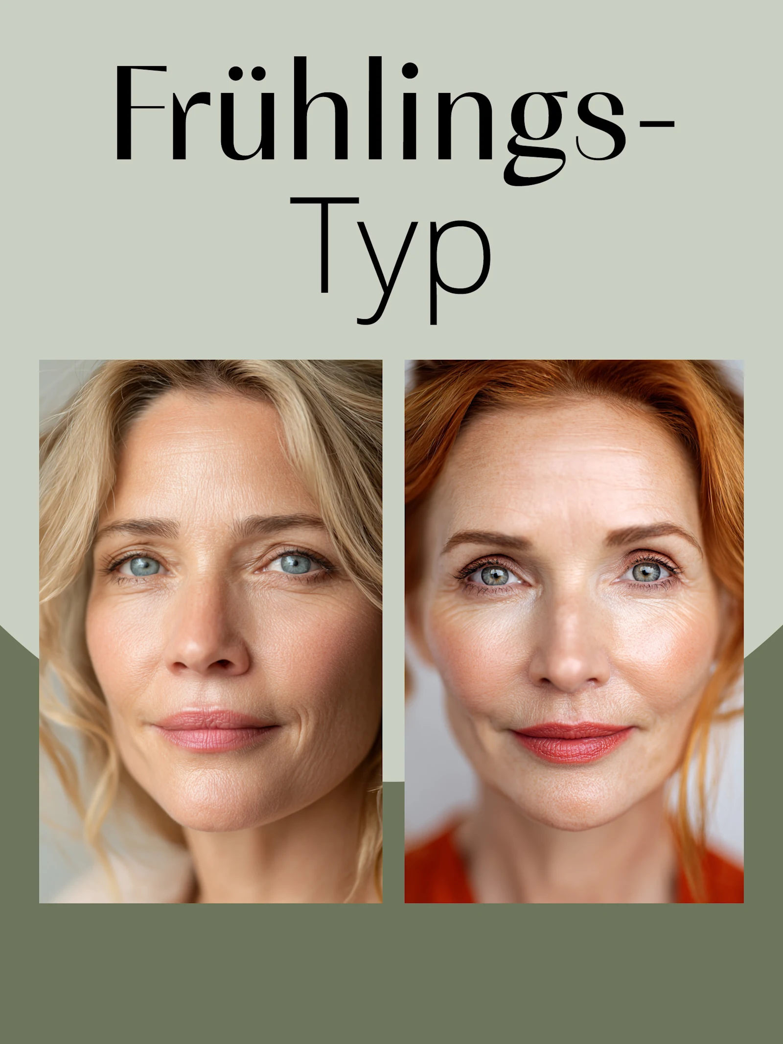 Eine Grafik auf der Frühlingstyp steht und 2 Models zu sehen sind. Das eine Model hat blonde Haare und blaue Augen. Das andere Model rote Haare und blaue Augen.