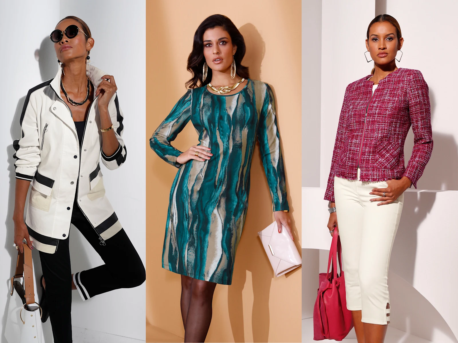 Drei Frauen in stilvoller Kleidung: links eine weiße Jacke mit schwarzen Akzenten und schwarze Hose, mittig ein türkis-gemustertes Kleid, rechts eine pinke Bouclé-Jacke mit weißer Caprihose und pinker Tasche.