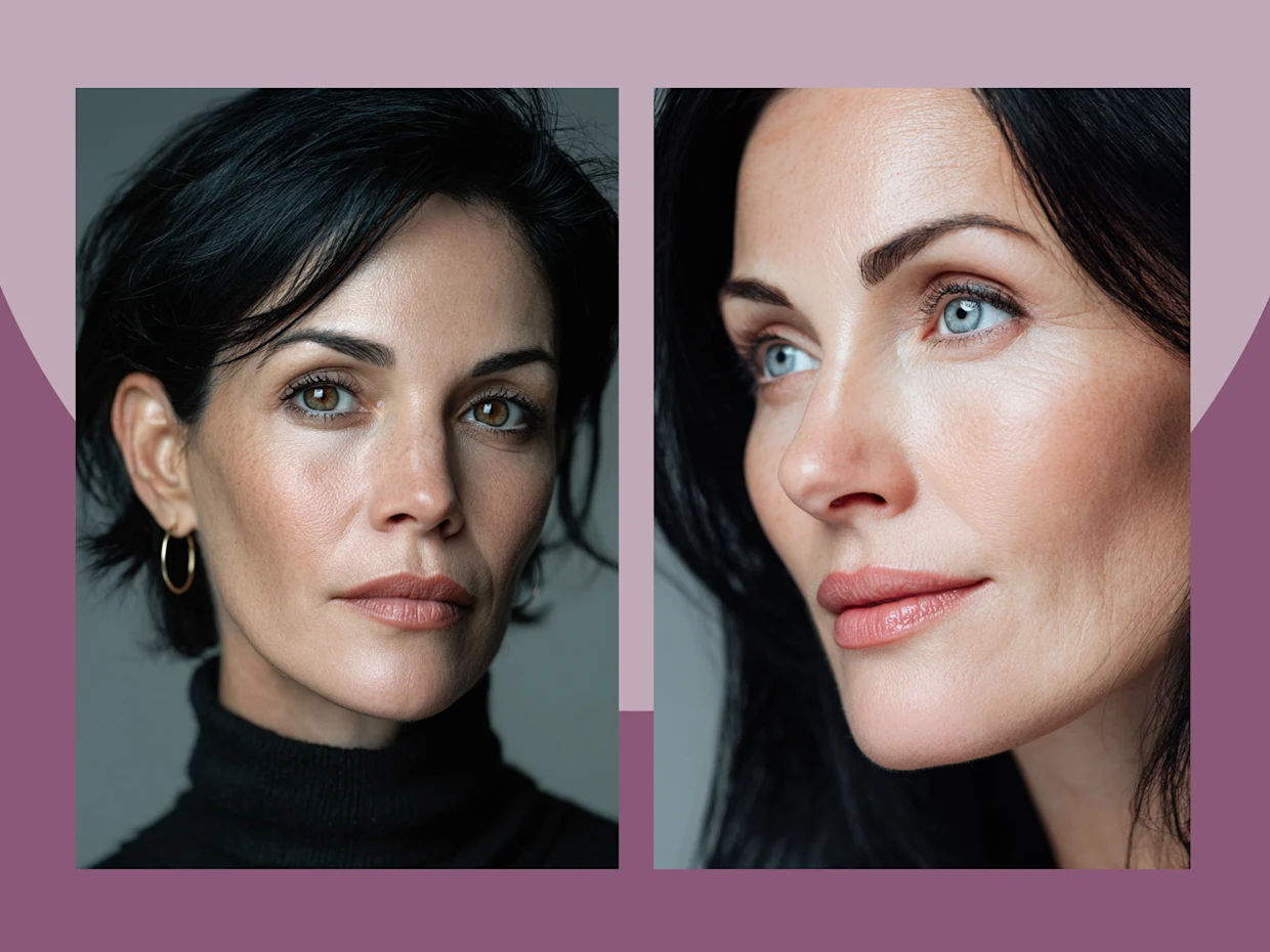 Eine Grafik mit zwei Frauen. Eine hat schwarze Haare und braune Augen, die andere schwarze Haare und blaue Augen. Eine Grafik mit zwei Frauen. Eine hat schwarze Haare und braune Augen, die andere schwarze Haare und blaue Augen.