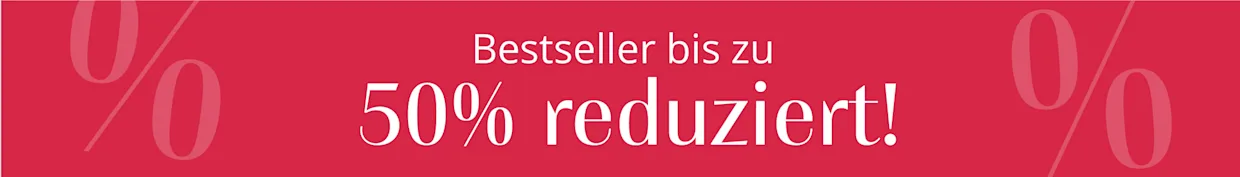 Ein Model im roten Blazer vor rotem Hintergrund, ergänzt durch ein dezentes Prozentzeichen, das eine Werbeaktion andeutet.