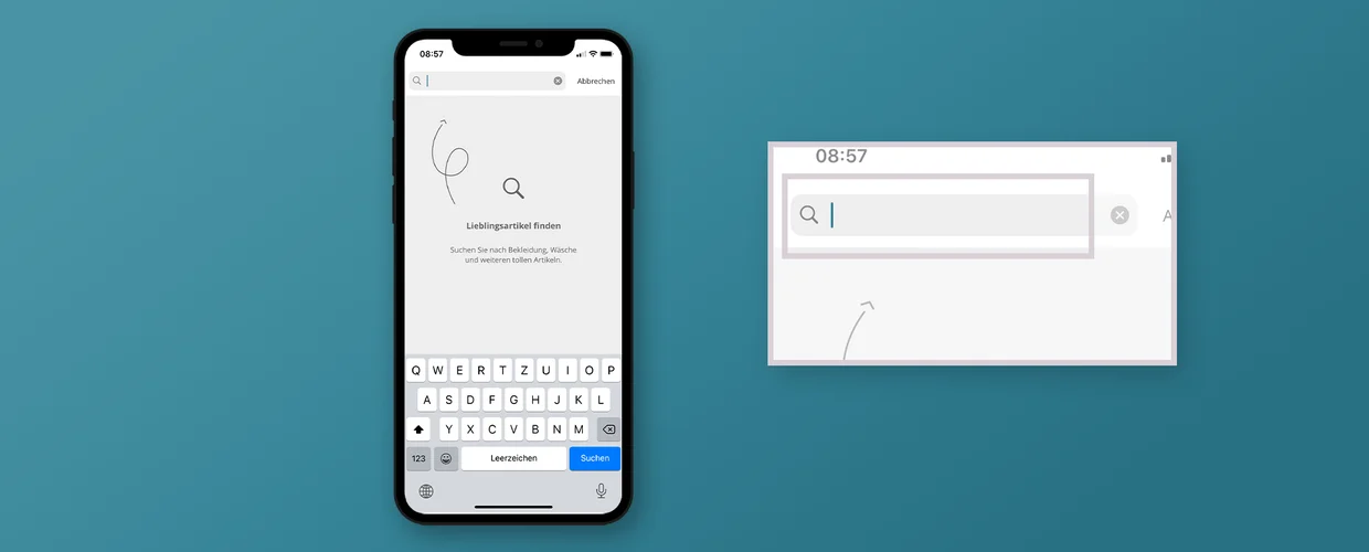 Smartphone zeigt Suchfunktion in App. Text beschreibt Outfit-Ideen und Filtermöglichkeiten zur Auswahl. Smartphone zeigt Suchfunktion in App. Text beschreibt Outfit-Ideen und Filtermöglichkeiten zur Auswahl.