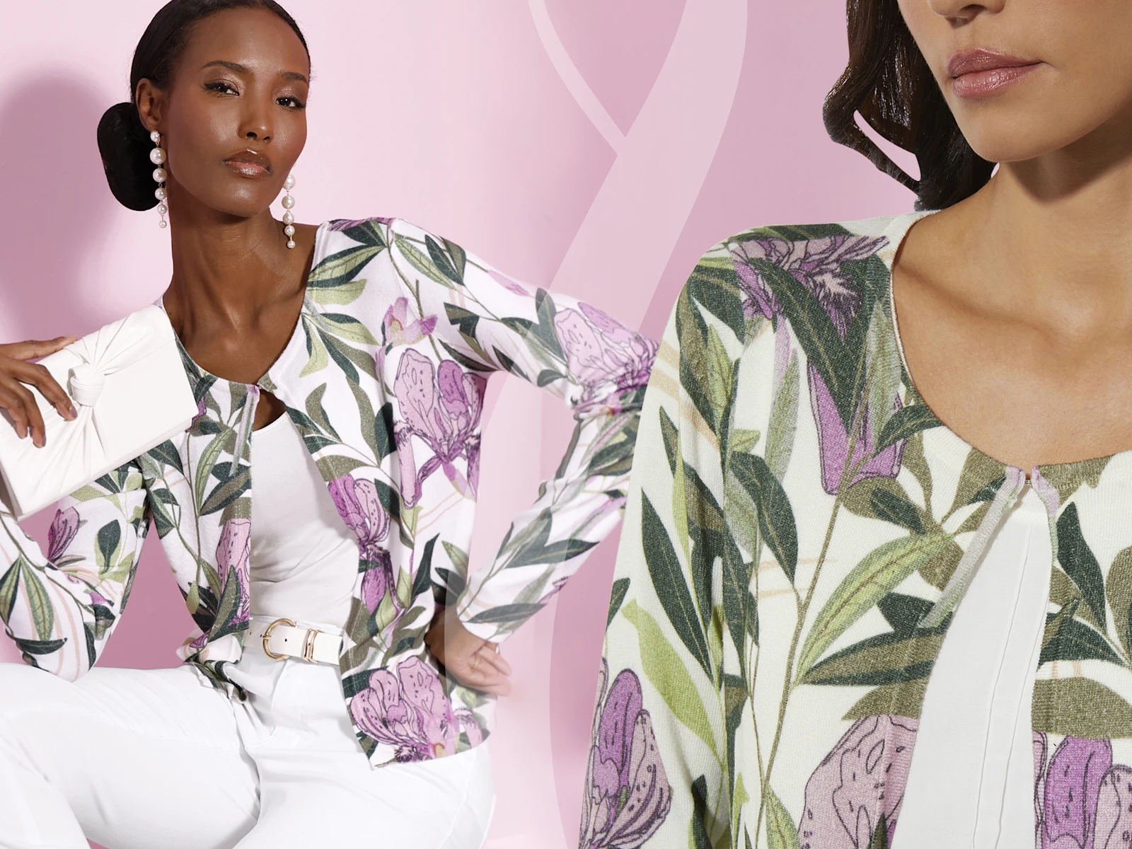 Zwei Models tragen eine weiße Jacke mit lila-grünem Blumenmuster, kombiniert mit weißen Oberteilen vor rosa Hintergrund.