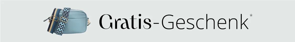 Eine hellblaue Umhängetasche mit zwei verschiedenen gemusterten Tragegurten vor hellem Hintergrund, darüber der Text 'Gratis-Geschenk*'