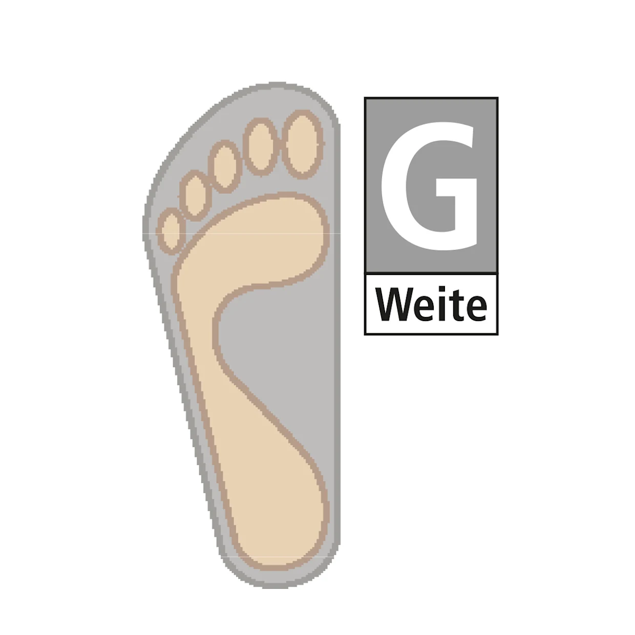 Grafik eines Fußabdrucks mit Kennzeichnung der Schuhweite G. Grafik eines Fußabdrucks mit Kennzeichnung der Schuhweite G.
