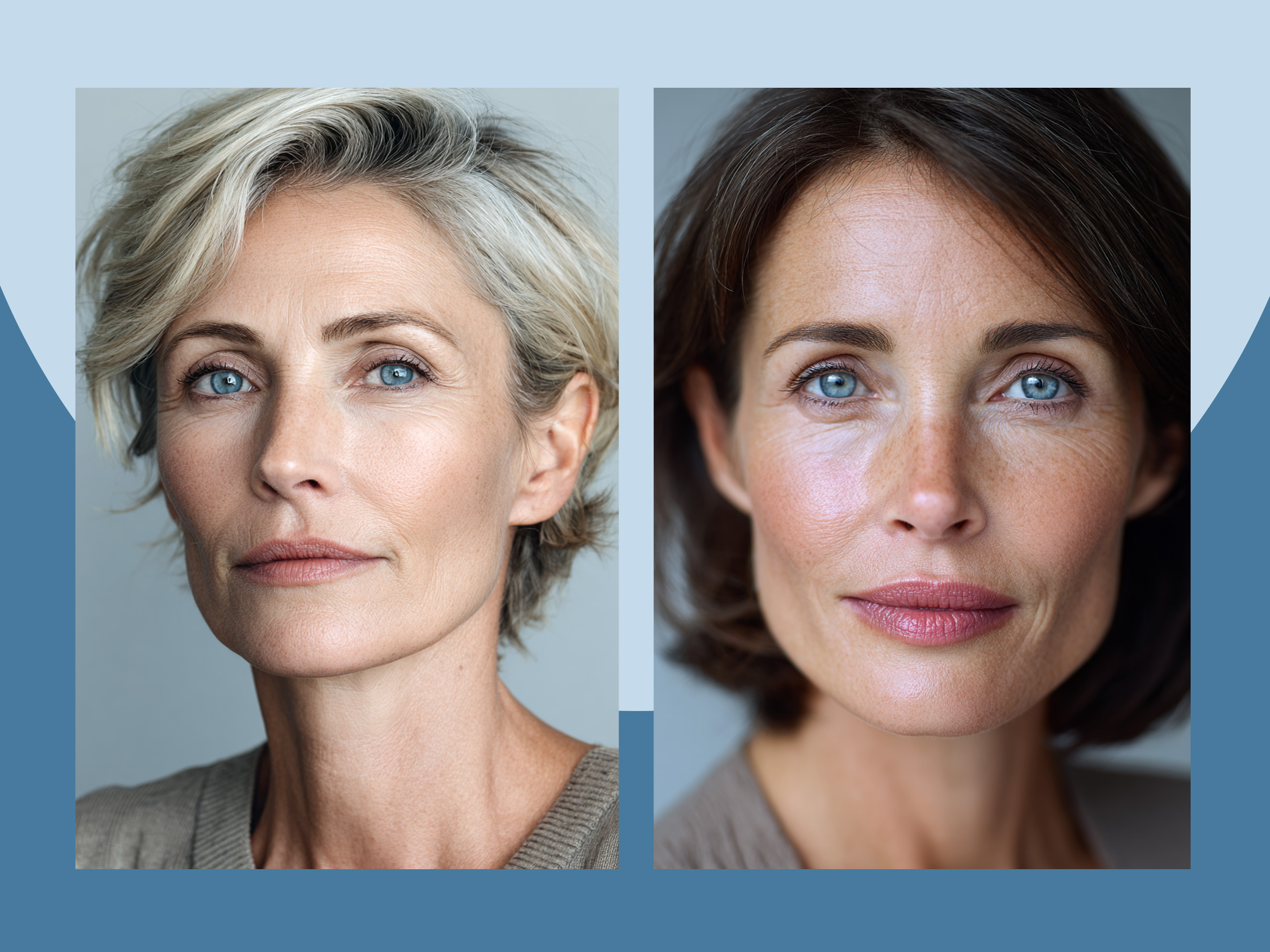 Eine Grafik mit zwei Frauen. Eine hat Aschblonde Haare und blaue Augen, die andere braune Haare und blaue Augen.