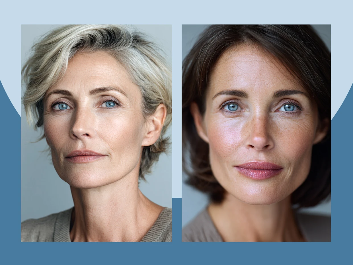 Eine Grafik mit zwei Frauen. Eine hat Aschblonde Haare und blaue Augen, die andere braune Haare und blaue Augen. Eine Grafik mit zwei Frauen. Eine hat Aschblonde Haare und blaue Augen, die andere braune Haare und blaue Augen.