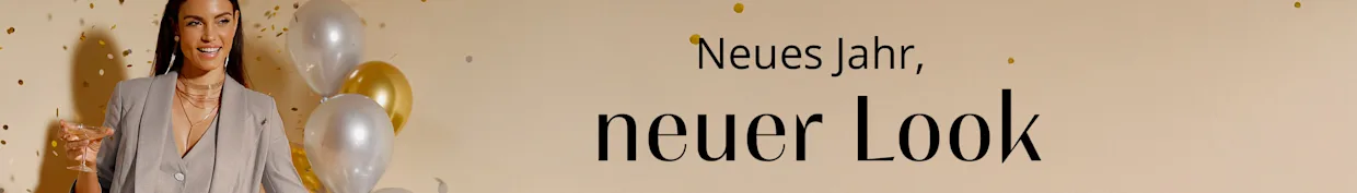Ein Model in grauem Hosenanzug, mit Cocktailglas, Ballons, Konfetti und dem Text 'Neues Jahr, neuer Look' auf beigem Hintergrund.