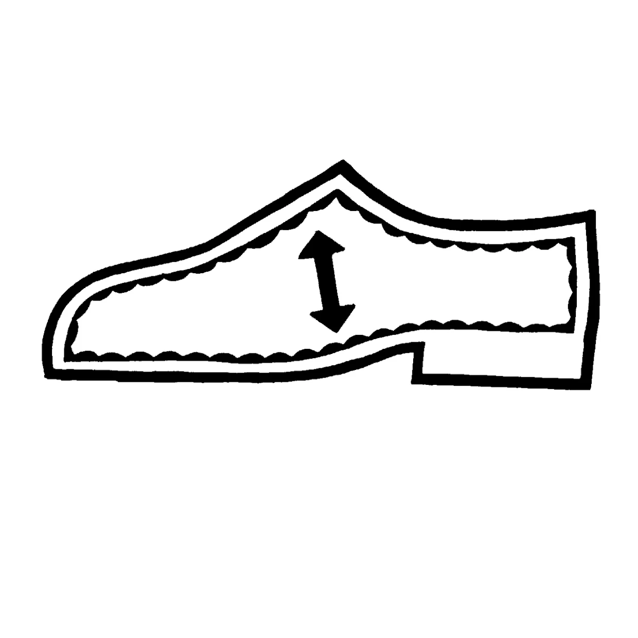Illustration eines Schuhs mit Pfeil, der die Höhe des Innenraums anzeigt. Illustration eines Schuhs mit Pfeil, der die Höhe des Innenraums anzeigt.