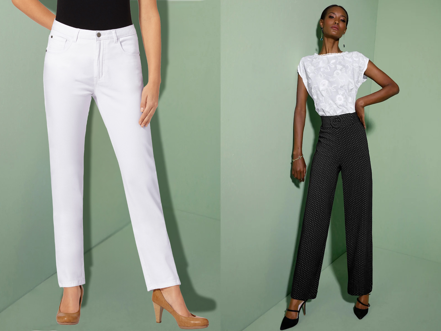 Schwarze, weit geschnittene Hose mit weißen Punkten und hoher Taille, kombiniert mit weißem Oberteil mit floralen Stickereien, getragen mit schwarzen Absatzschuhen vor grünem Hintergrund.