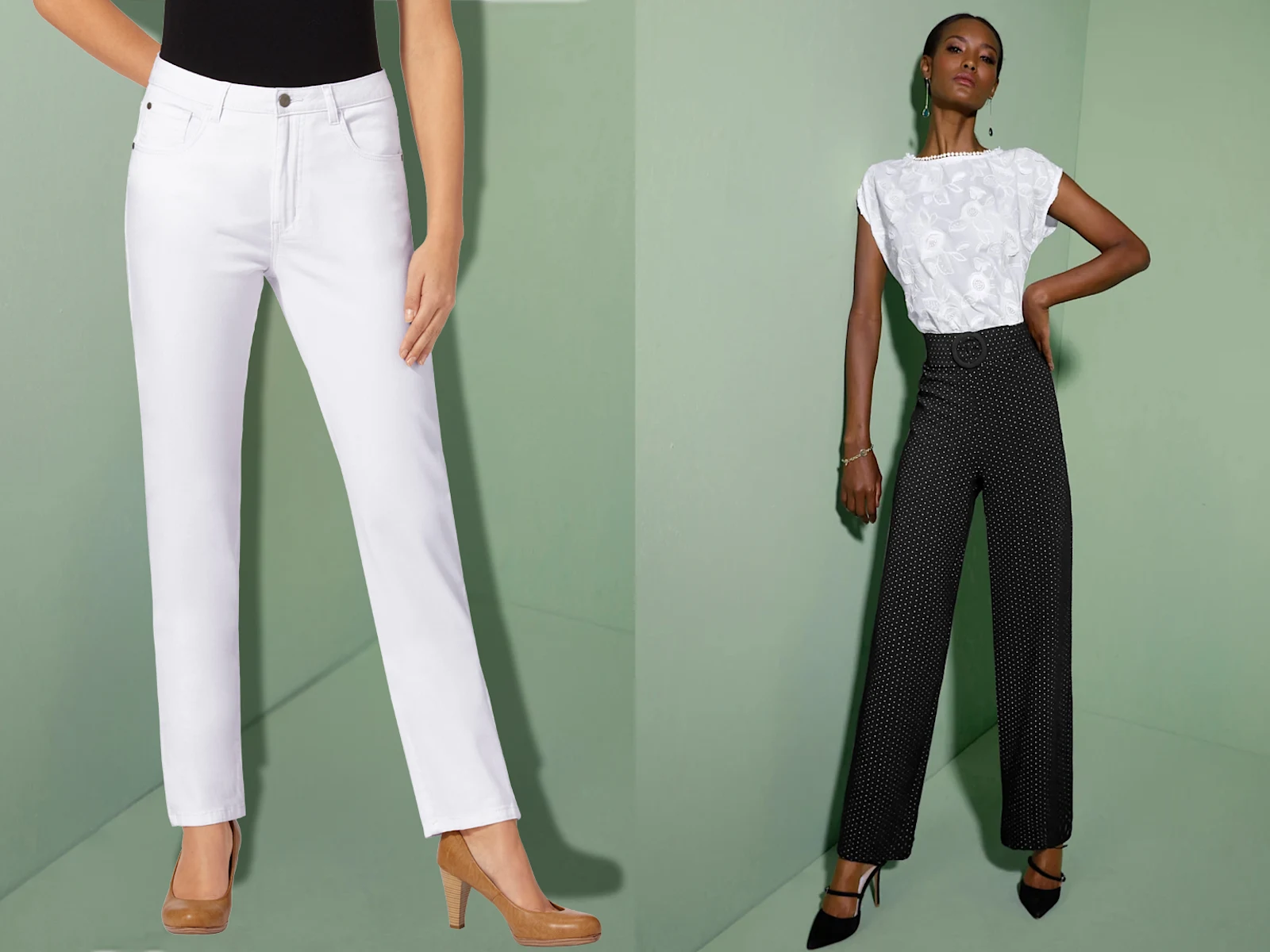 Schwarze, weit geschnittene Hose mit weißen Punkten und hoher Taille, kombiniert mit weißem Oberteil mit floralen Stickereien, getragen mit schwarzen Absatzschuhen vor grünem Hintergrund.