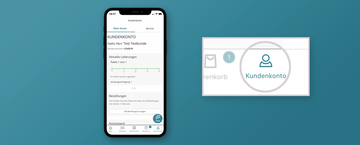 Smartphone zeigt App mit Kundenkonto-Übersicht. Text beschreibt Vorteile des persönlichen Kundenkontos. Smartphone zeigt App mit Kundenkonto-Übersicht. Text beschreibt Vorteile des persönlichen Kundenkontos.