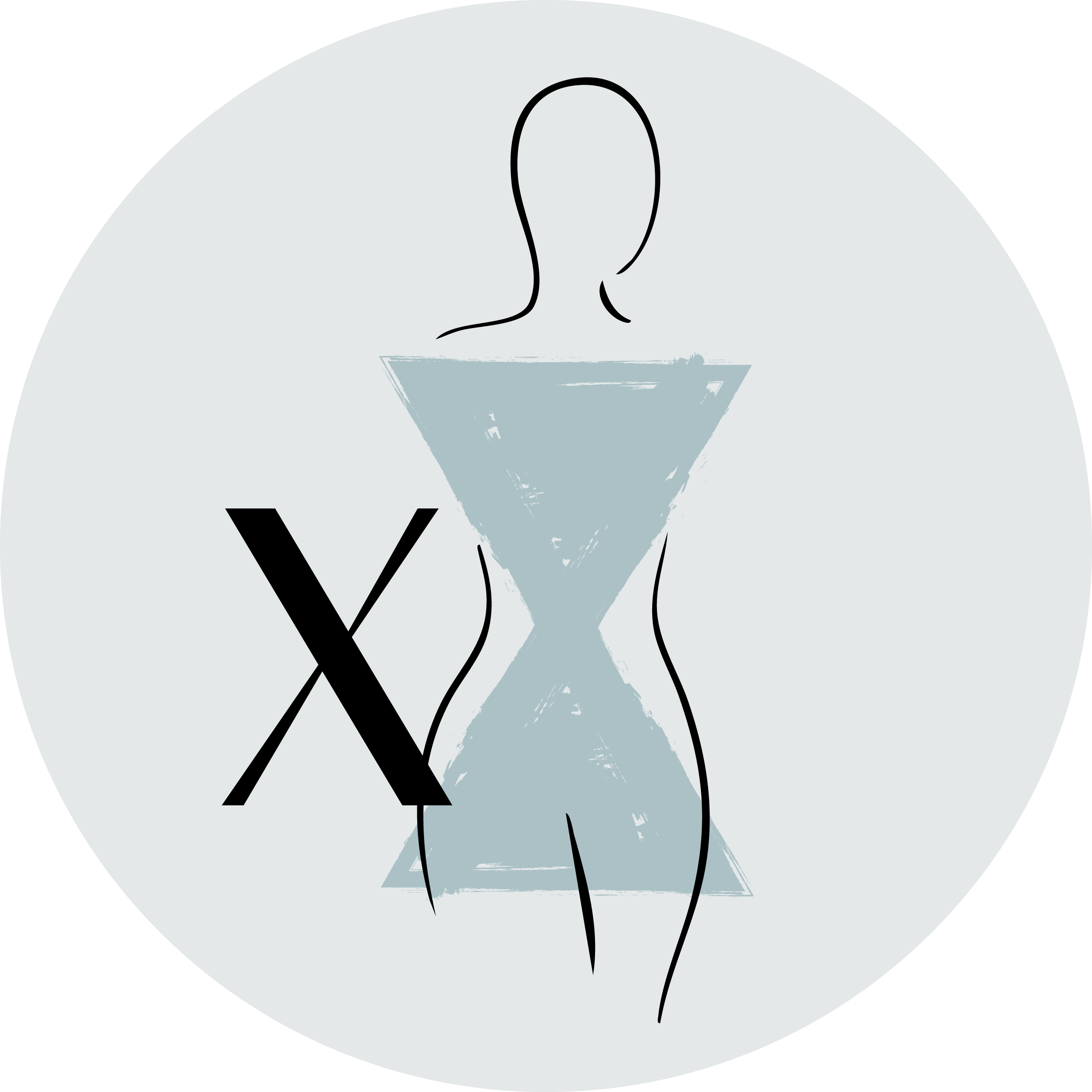 Auf einem runden hellen Hintergrund ist eine Figurine in X Typ gezeichnet.