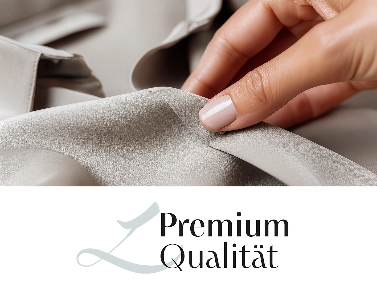 Unter einem Detailbild von einer Bluse steht das Wort Premium Qualität.