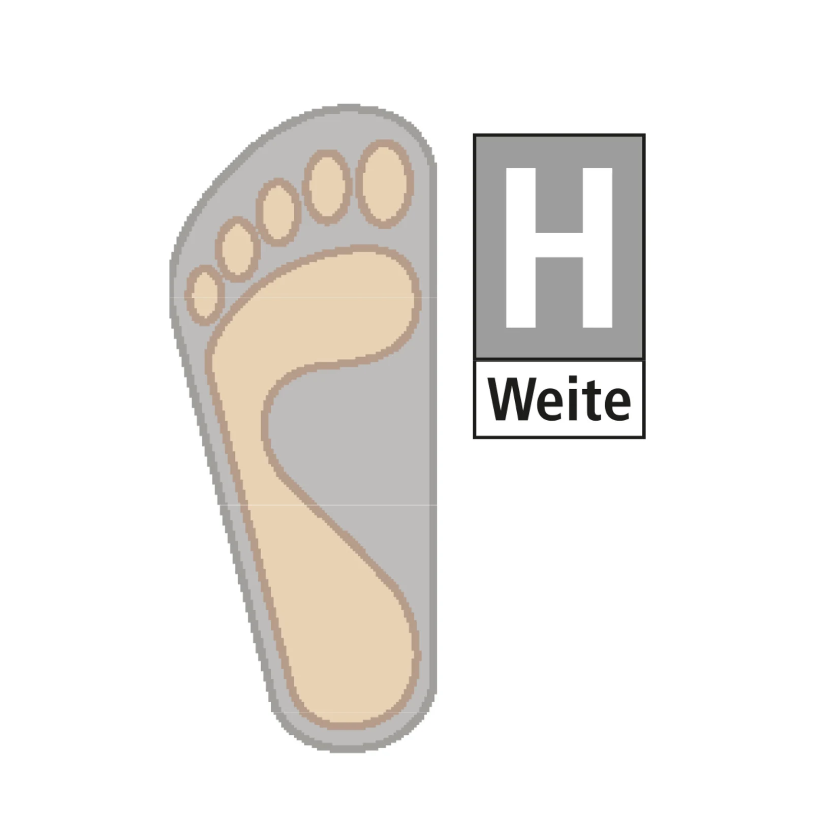 Abbildung eines Fußabdrucks mit der Kennzeichnung 'Weite H' für extra breite Schuhe. Abbildung eines Fußabdrucks mit der Kennzeichnung 'Weite H' für extra breite Schuhe.