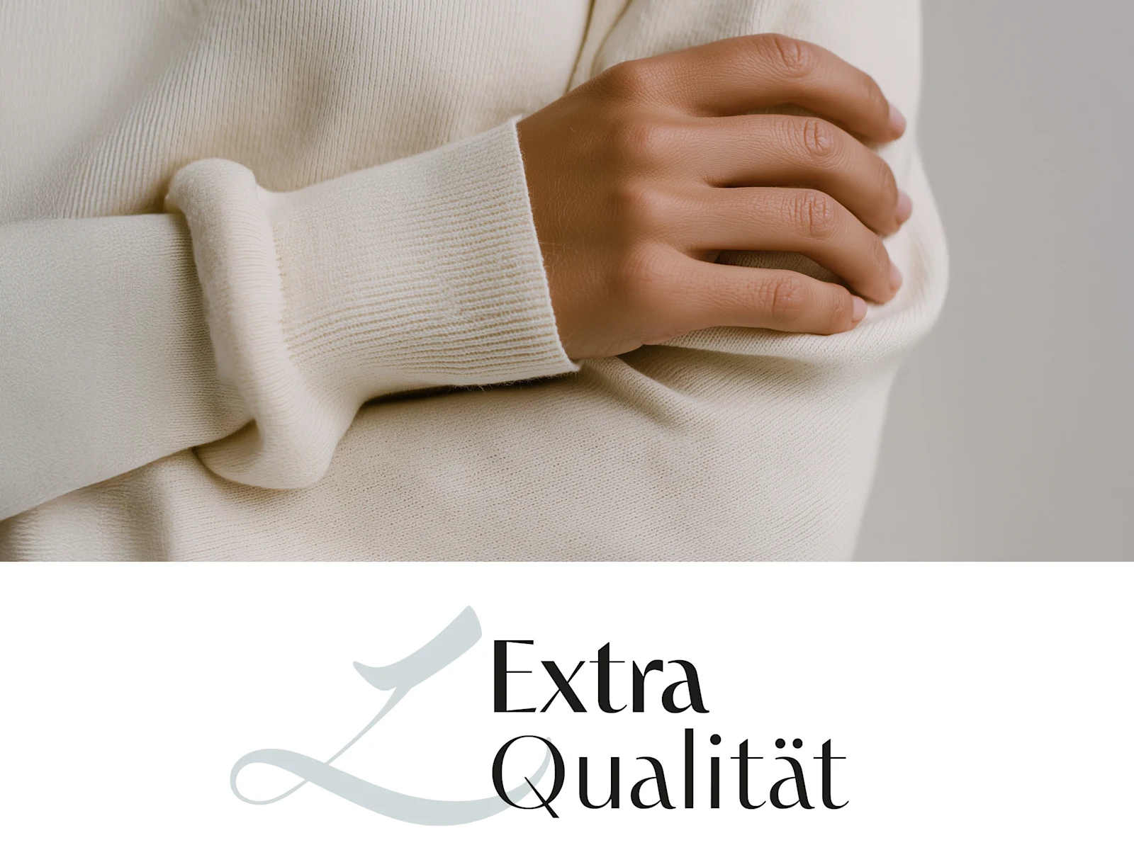 Unter einem Detailbild von einem Pullover steht das Wort Extra Qualität.