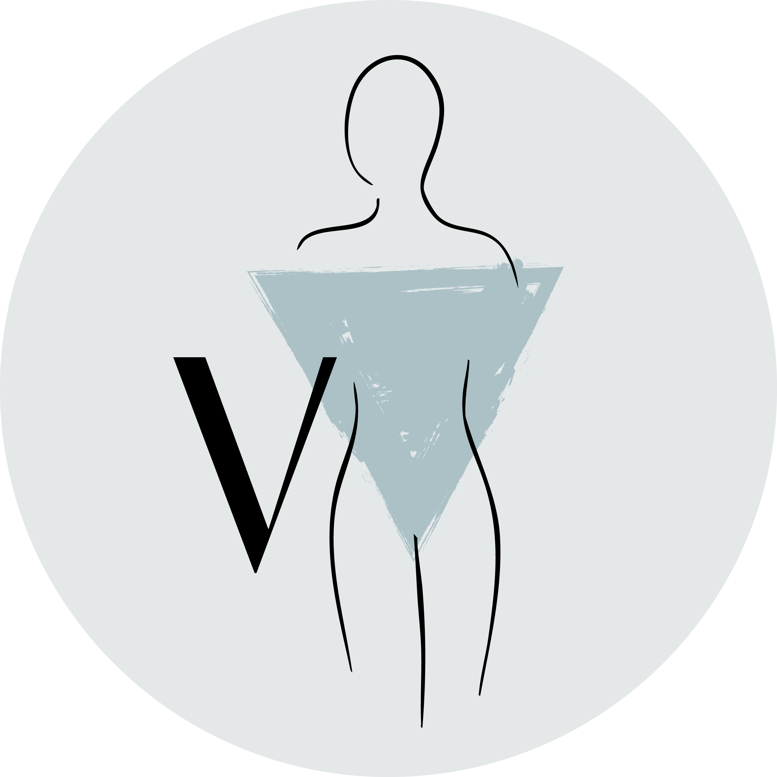 Auf einem runden hellen Hintergrund ist eine Figurine in V Typ gezeichnet.