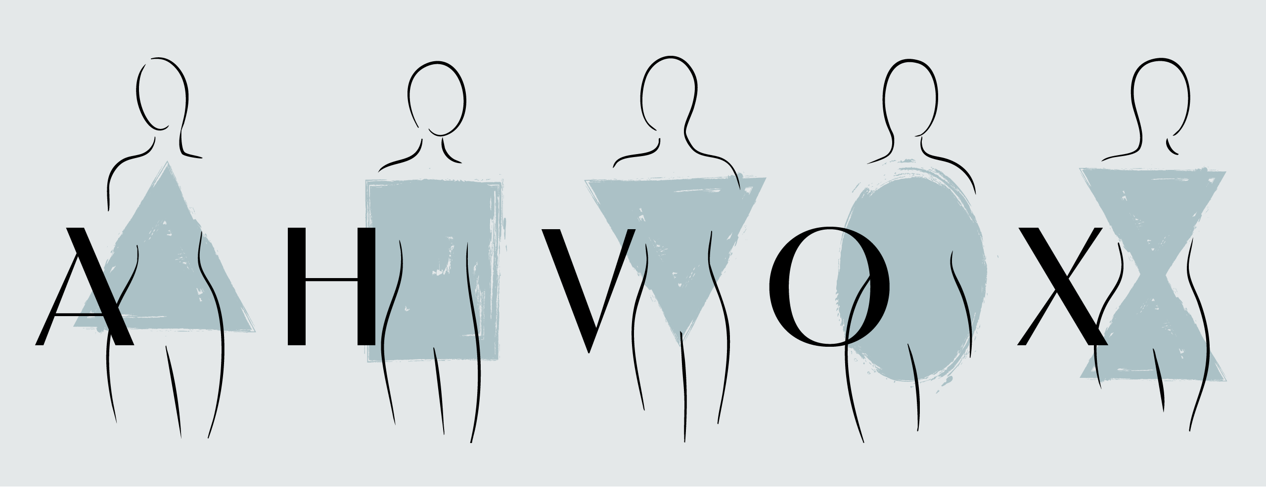 Auf einem hellem Hintergrund stehen 5 Figurtypzeichnungen für den A, H, V, O und X Typ.
