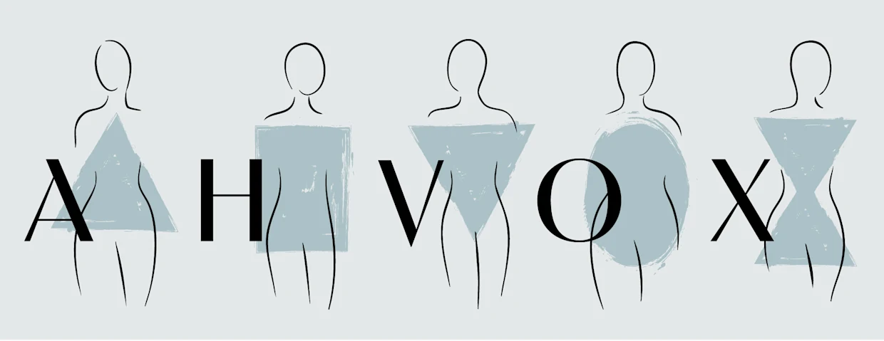 Auf einem hellem Hintergrund stehen 5 Figurtypzeichnungen für den A, H, V, O und X Typ. Auf einem hellem Hintergrund stehen 5 Figurtypzeichnungen für den A, H, V, O und X Typ.