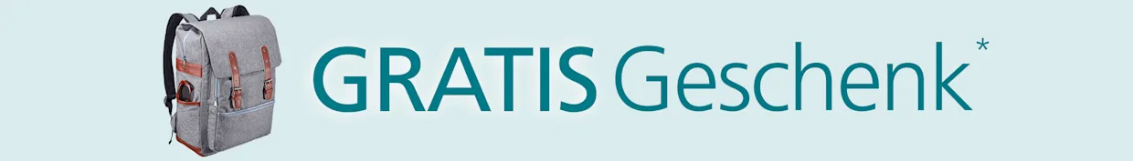 Eine Werbeanzeige mit dem Text 'GRATIS Geschenk*'. Der Hintergrund ist ein helles turkis, links ist ein grauer Rucksack mit brauen Lederschnallen..