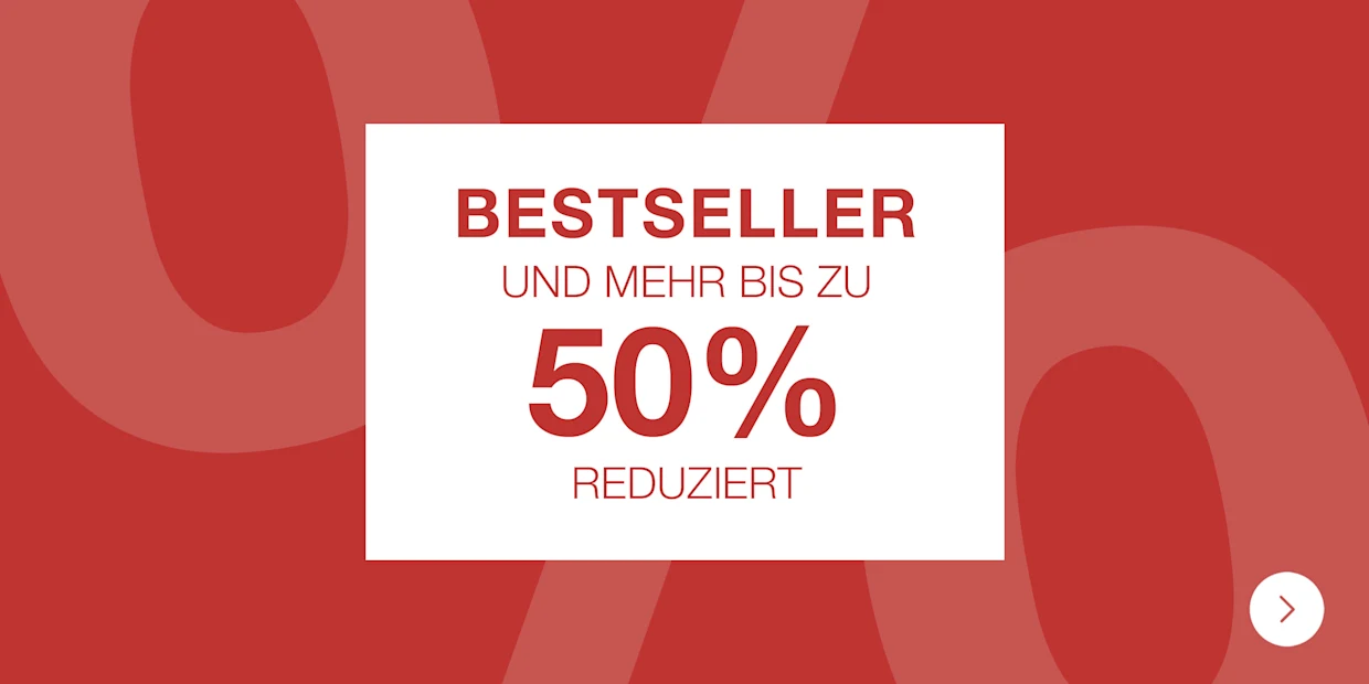 Rotes Feld mit weißem Kasten, darin Text: 'BESTSELLER UND MEHR BIS ZU 50% REDUZIERT'. Großes Prozentzeichen im Hintergrund.