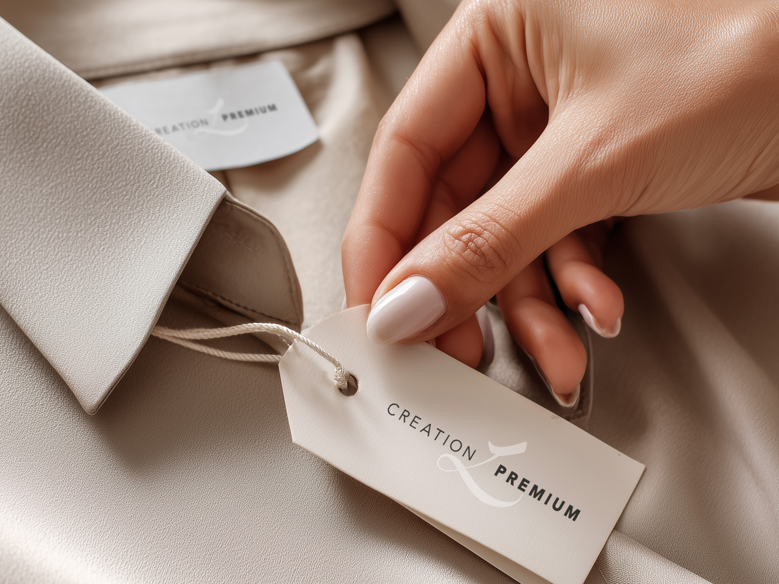 Detailbild von Etikett an einer Seidenbluse von creation L Premium.