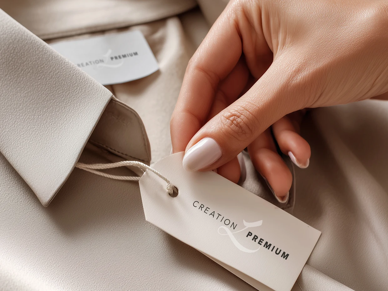 Detailbild von Etikett an einer Seidenbluse von creation L Premium. Detailbild von Etikett an einer Seidenbluse von creation L Premium.