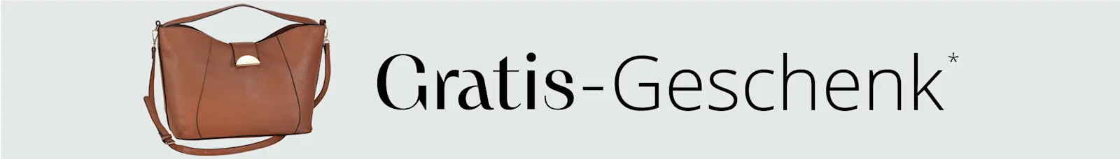 Ein Model hält eine braune Handtasche aus Lederoptik mit goldfarbenem Verschluss, daneben die Tasche einzeln abgebildet. Text: 'Gratis Geschenk'.