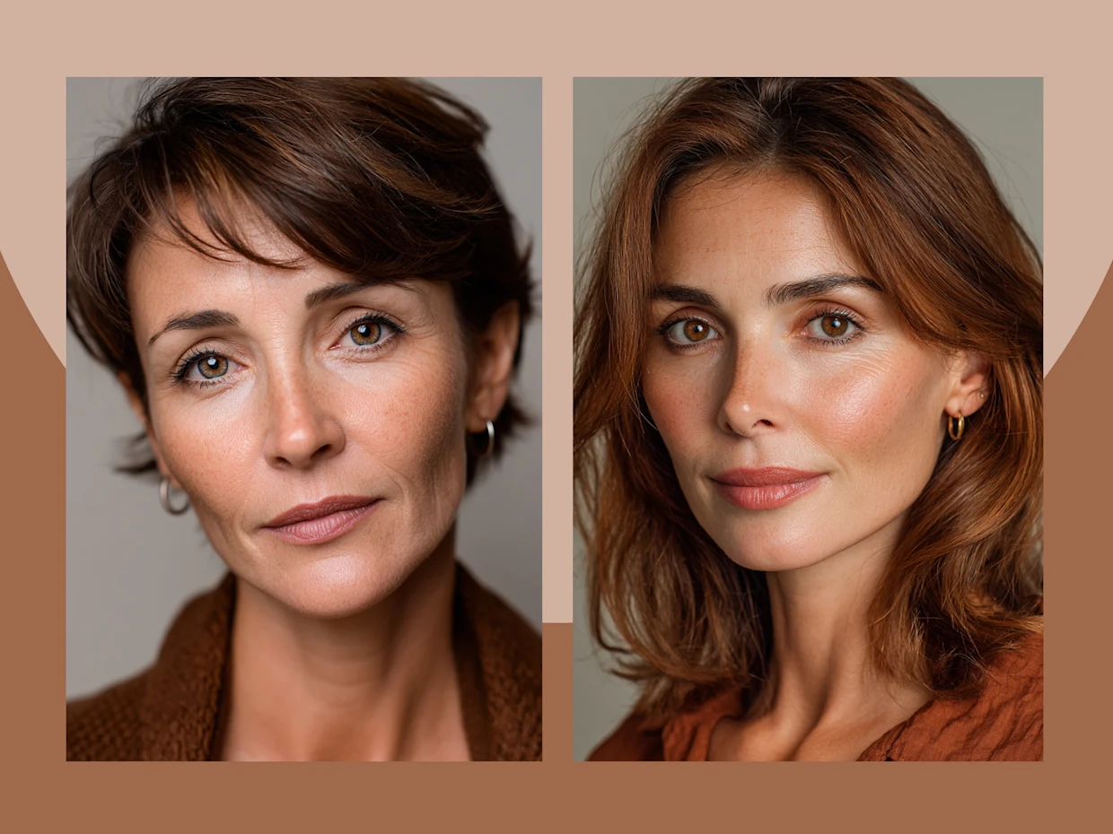 Eine Grafik mit zwei Frauen. Eine hat braune Haare und braune Augen, die andere rote Haare und braune Augen. Eine Grafik mit zwei Frauen. Eine hat braune Haare und braune Augen, die andere rote Haare und braune Augen.