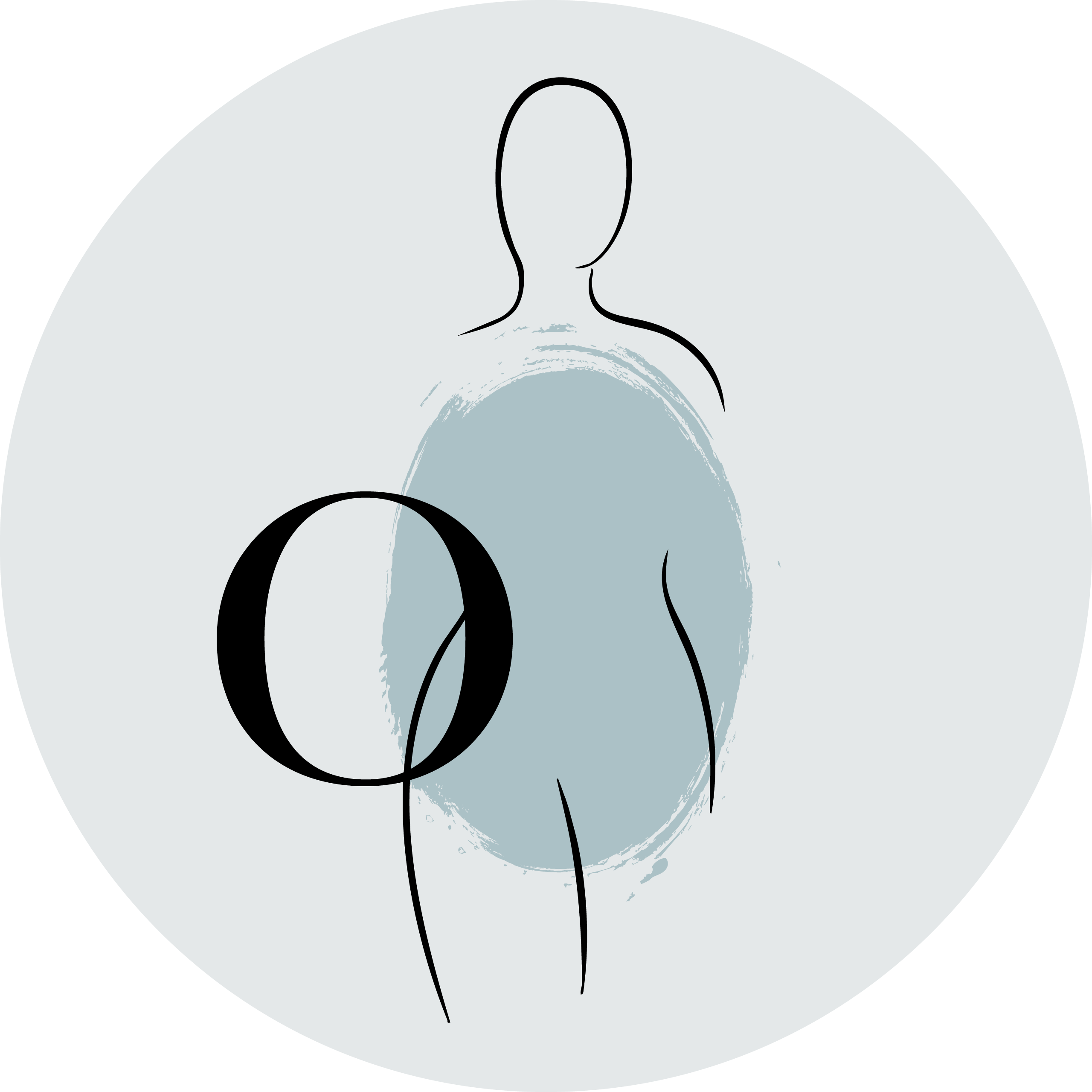 Auf einem runden hellen Hintergrund ist eine Figurine in O Typ gezeichnet.