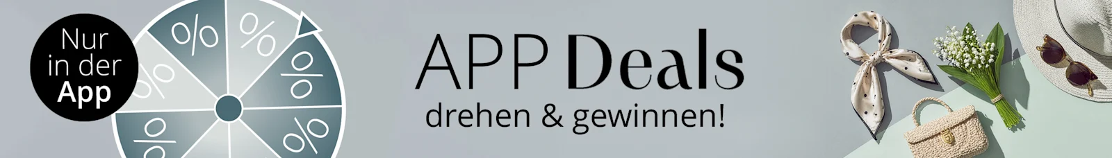Glücksrad mit Prozentzeichen, daneben ein Strohhut und ein Strauß Maiglöckchen, Text APP Deals drehen & gewinnen!.