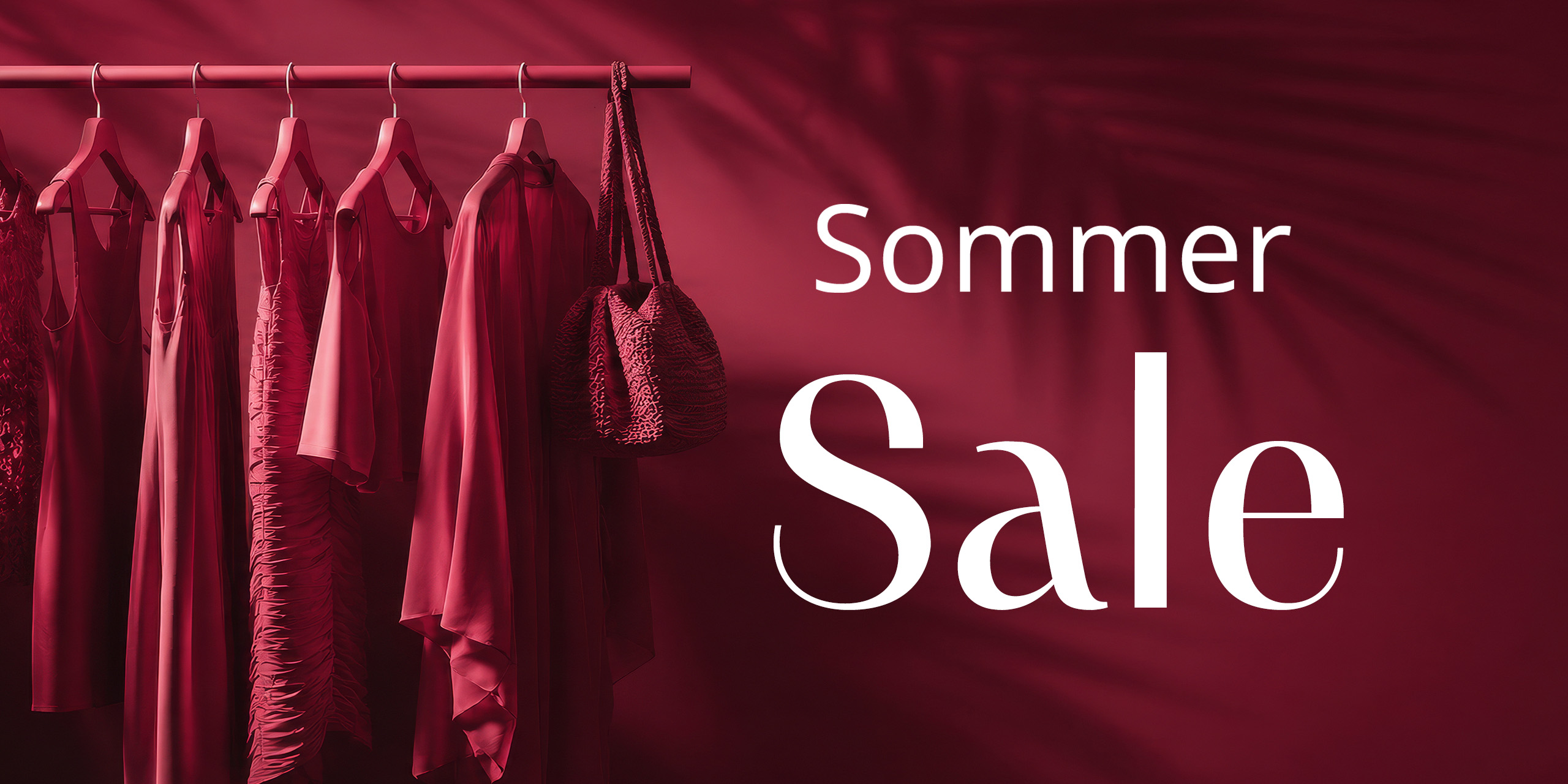 Das Bild zeigt eine Kleiderstange mit mehreren sommerlichen Kleidungsstücken und einer Tasche, alles in einem kräftigen Rotton gehalten. Rechts steht groß „Sommer Sale“. Die gesamte Gestaltung wirkt elegant und einladend