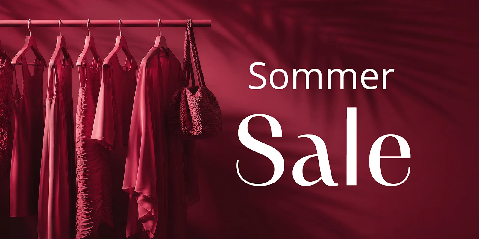 Das Bild zeigt eine Kleiderstange mit mehreren sommerlichen Kleidungsstücken und einer Tasche, alles in einem kräftigen Rotton gehalten. Rechts steht groß „Sommer Sale“. Die gesamte Gestaltung wirkt elegant und einladend