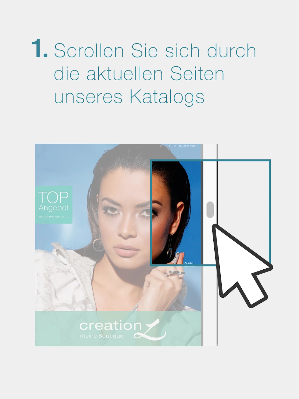 Ein Model im Katalog. Text 'Scrollen Sie sich durch die aktuellen Seiten unseres Katalogs'. Ein Model im Katalog. Text 'Scrollen Sie sich durch die aktuellen Seiten unseres Katalogs'.