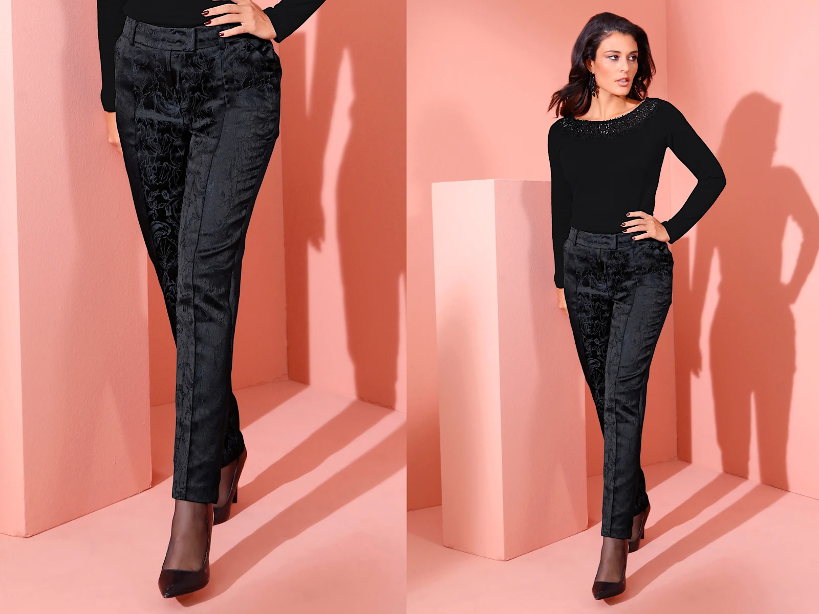 Elegante schwarze Hose mit floralem Muster, kombiniert mit einem schwarzen Oberteil und Absatzschuhen, vor rosa Hintergrund.