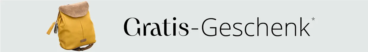 Ein gelber Rucksack mit braunem Klappdeckel und Quastenanhänger wird neben dem Text Gratis Geschenk abgebildet.