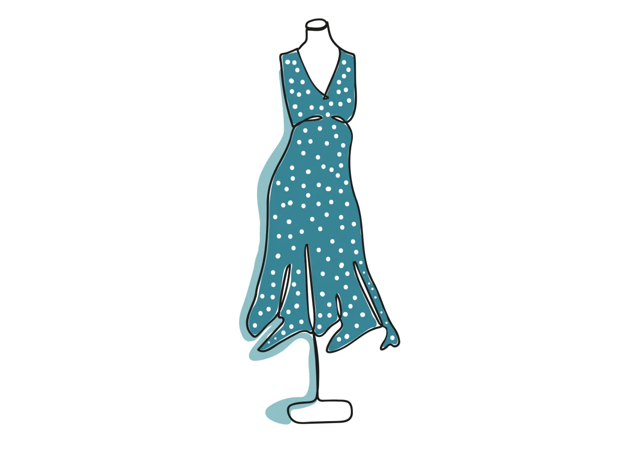 Das Symbol zeigt ein gepunktetes Kleid auf einer Schneiderpuppe, symbolisiert Mode. Das Symbol zeigt ein gepunktetes Kleid auf einer Schneiderpuppe, symbolisiert Mode.
