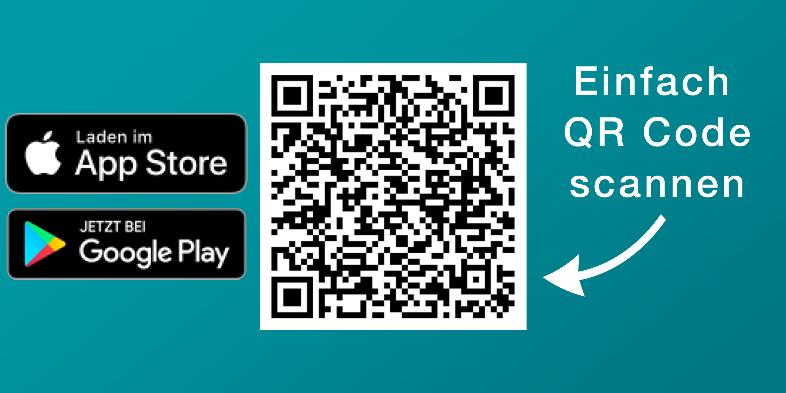 QR-Code mit Hinweisen zum Scannen 'Einfach QR Code scannen' und Buttons für den Download im App Store und Google Play.